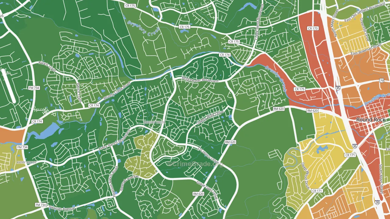 Fern Bluff, Brushy Creek, TX Map of Robbery Rates