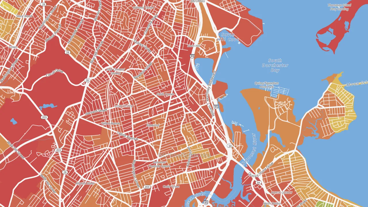Fields Corner, Boston, MA Map of Robbery Rates