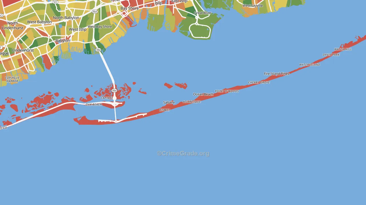Fire Island, NY Map of Robbery Rates