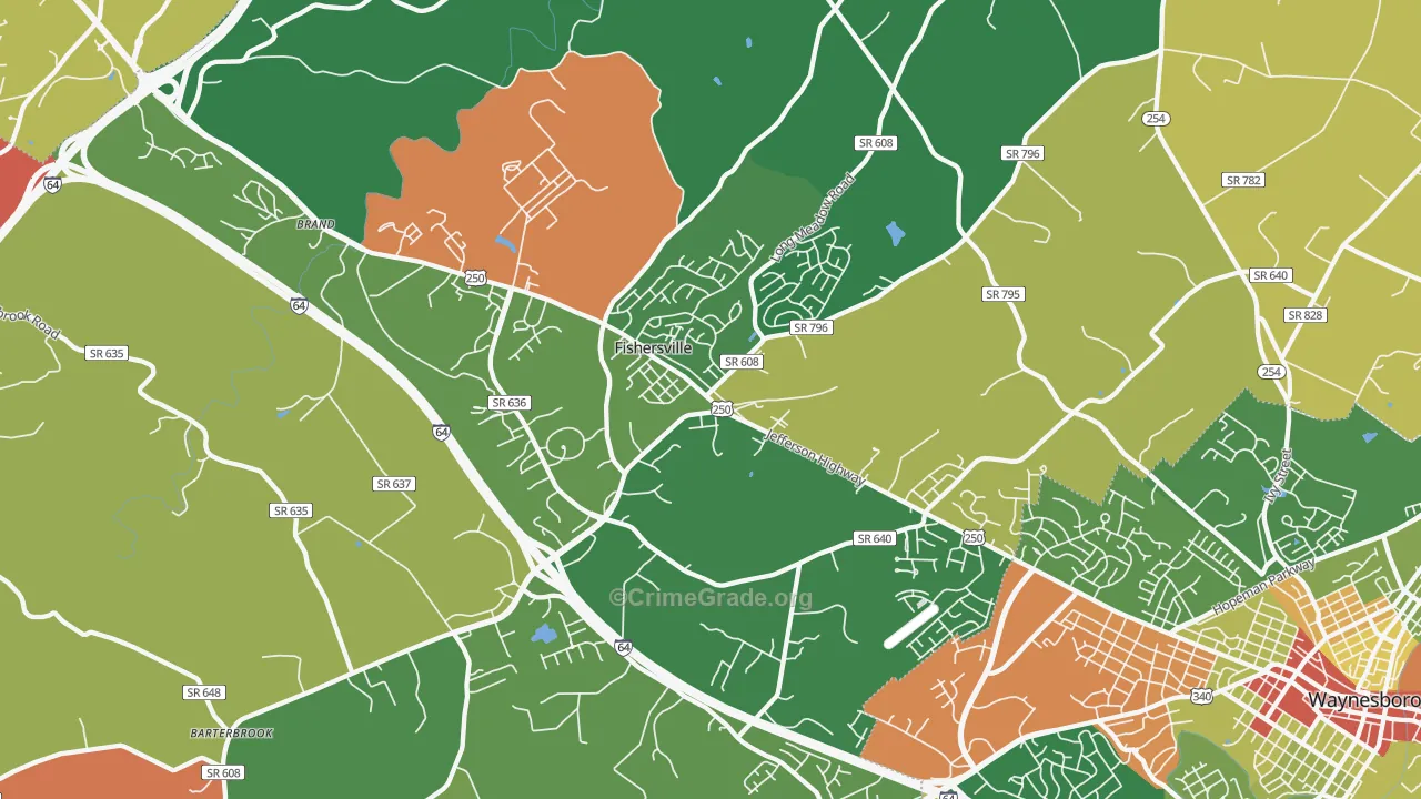 Fishersville, VA Map of Robbery Rates