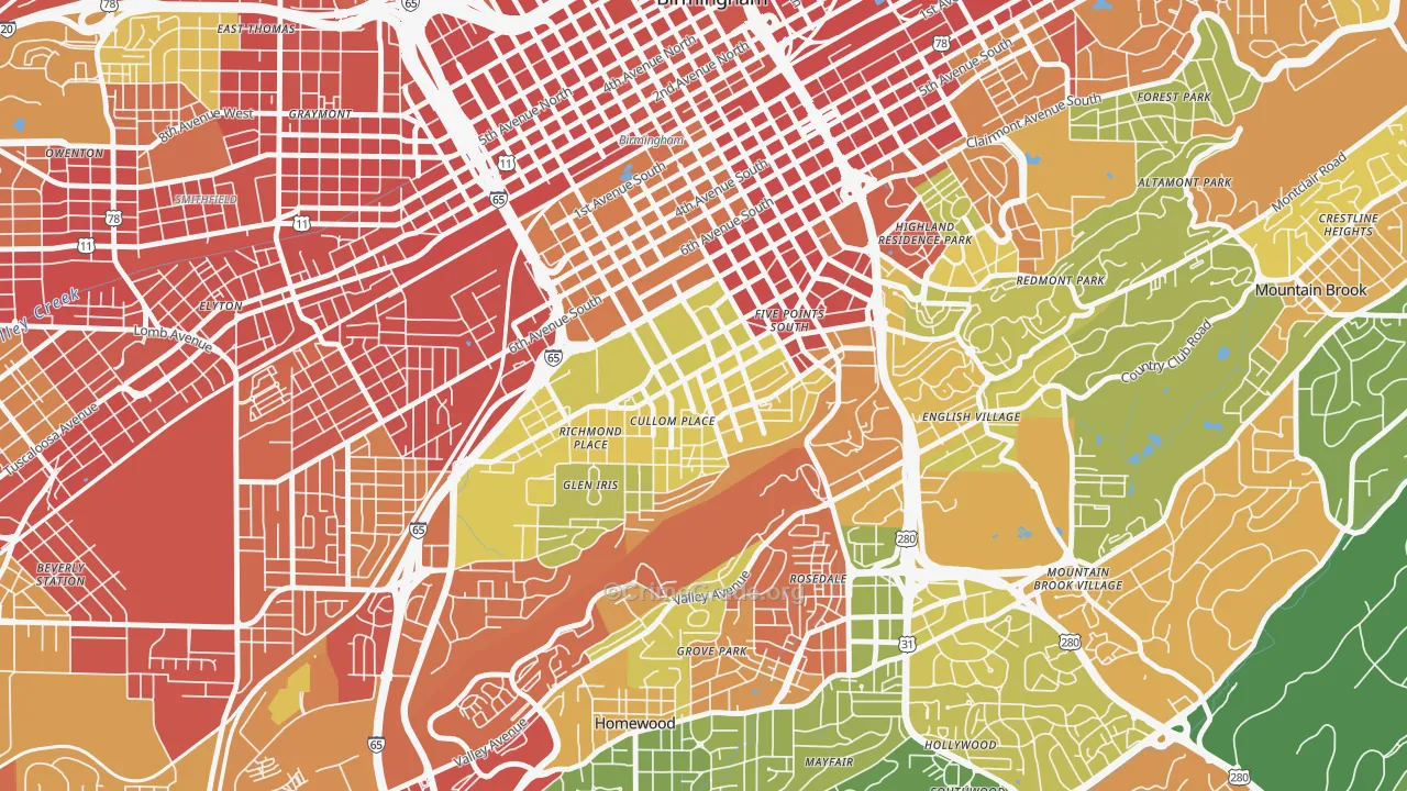 Five Points South, Birmingham, AL Map of Robbery Rates