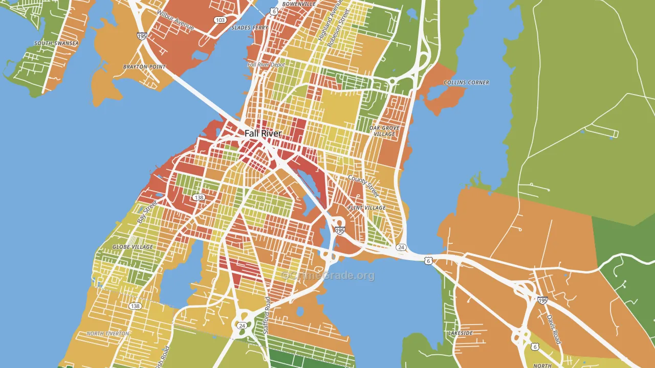Flint Village, Fall River, MA Map of Robbery Rates