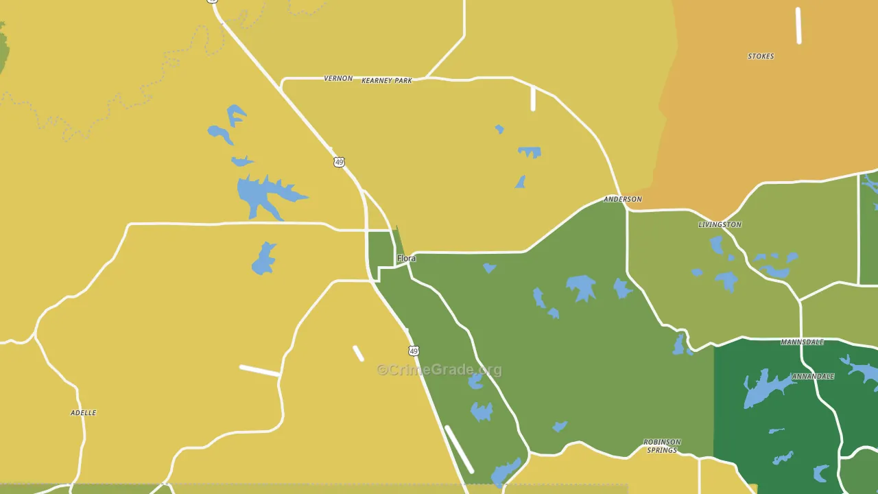 Flora, MS Map of Robbery Rates