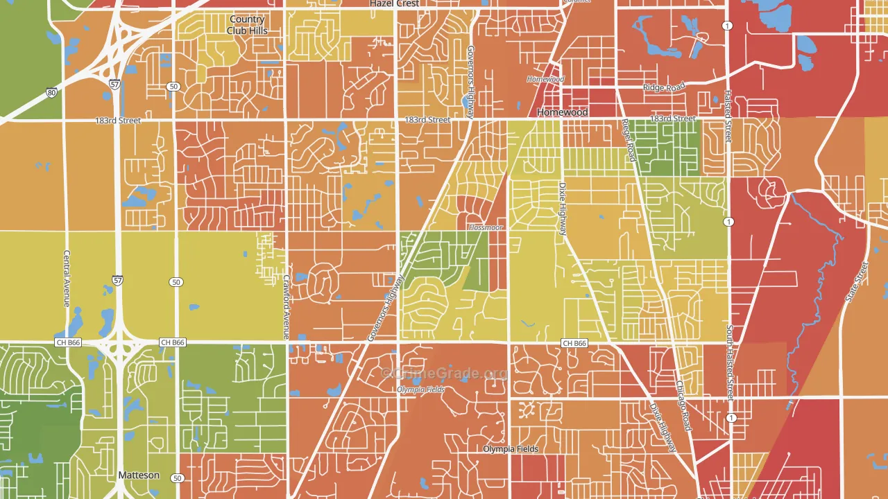 Flossmoor, IL Map of Robbery Rates