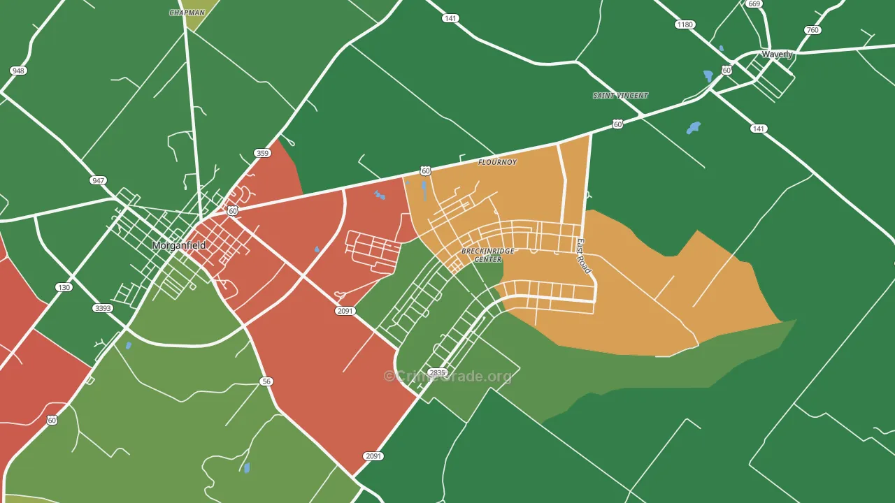 Flournoy, KY Map of Robbery Rates