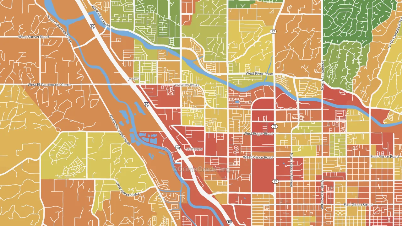 Flowing Wells, AZ Map of Robbery Rates