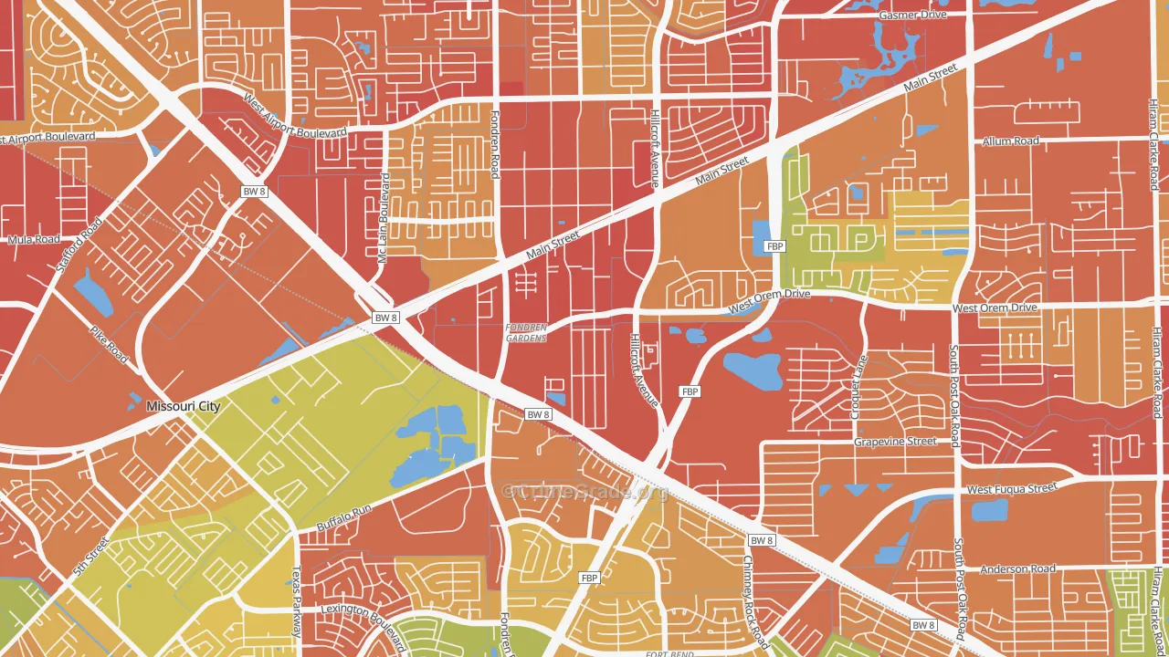 Fondren Gardens, Houston, TX Map of Robbery Rates
