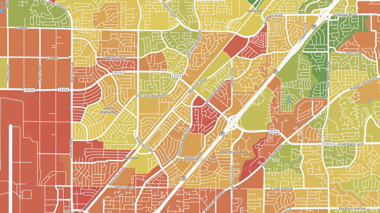 Foothill Farms, CA Map of Robbery Rates