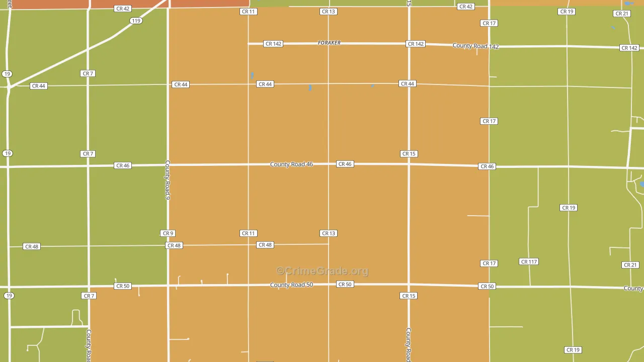 Foraker, IN Map of Robbery Rates