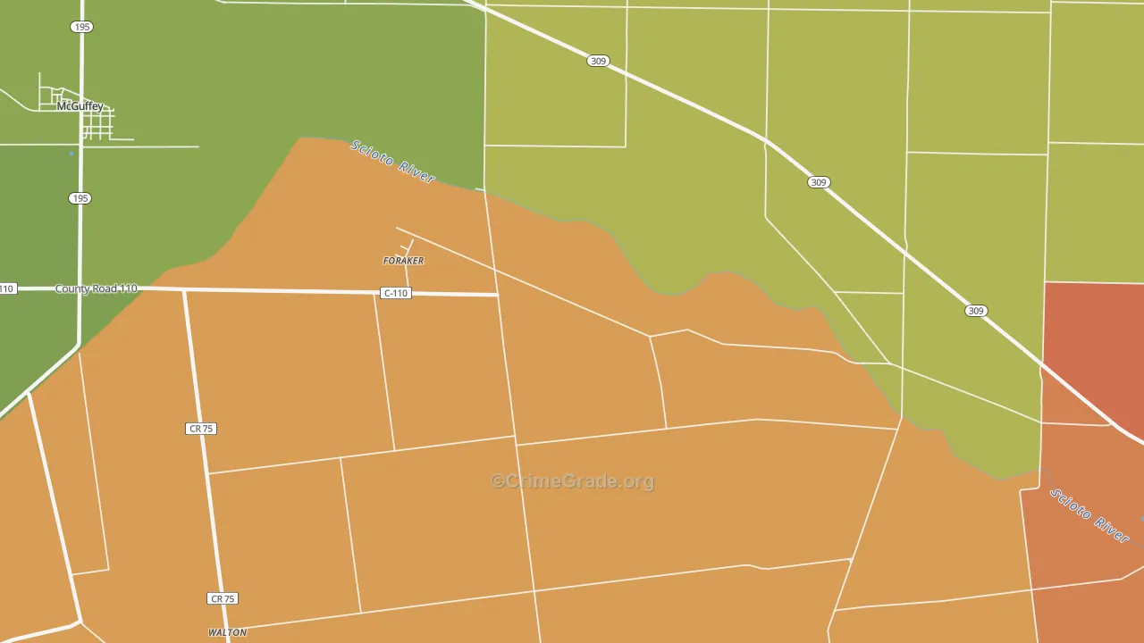Foraker, OH Map of Robbery Rates