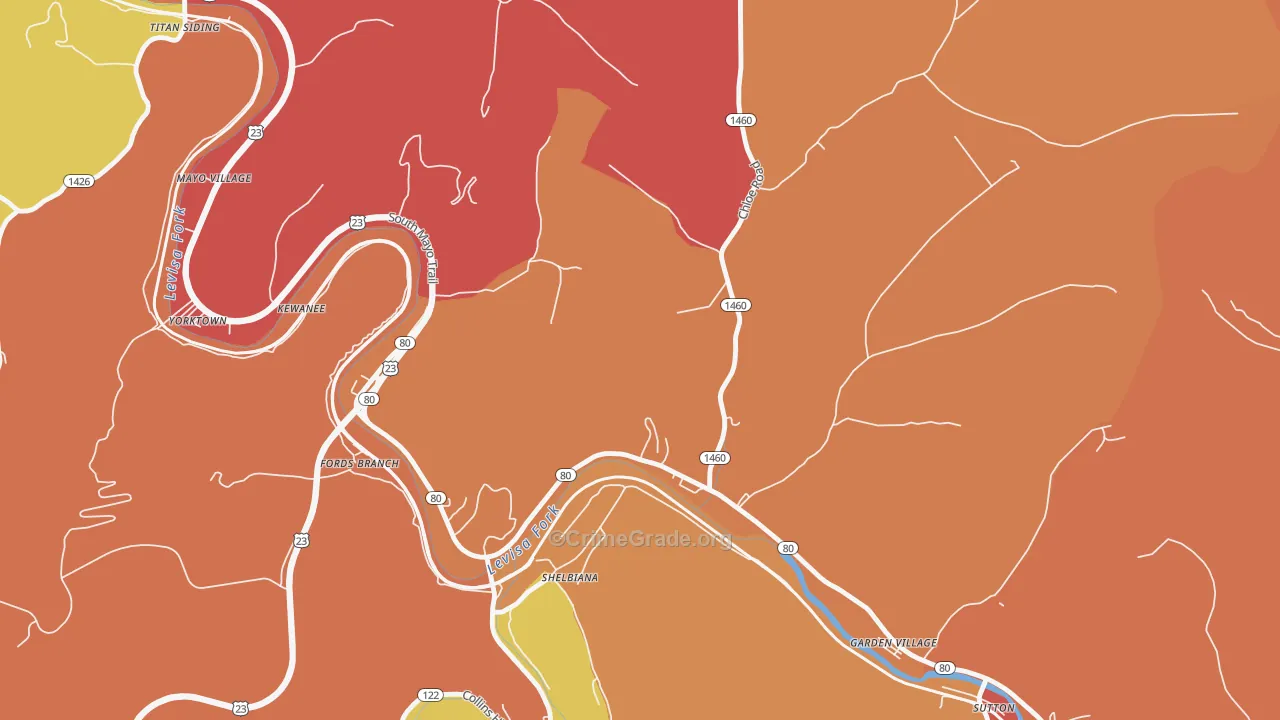 Fords Branch, KY Map of Robbery Rates