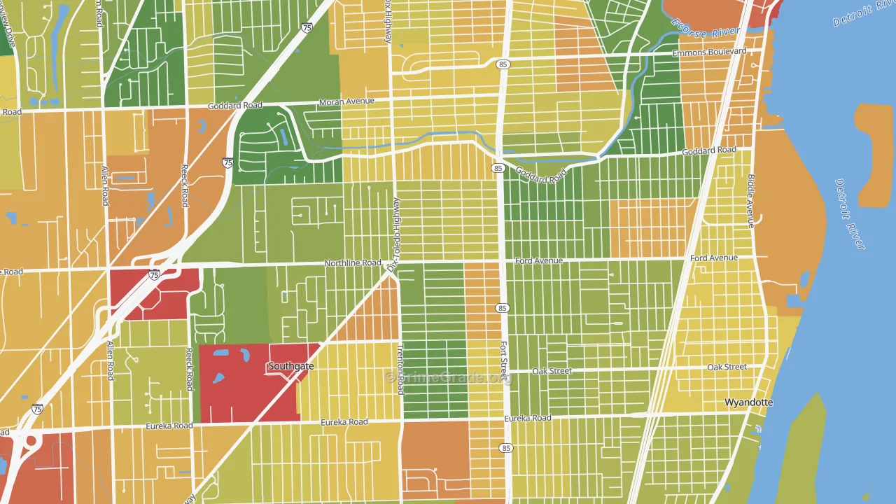 Fordville, Southgate, MI Map of Robbery Rates