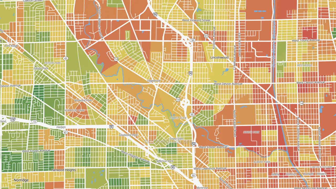 Forest Glen, Chicago, IL Map of Robbery Rates