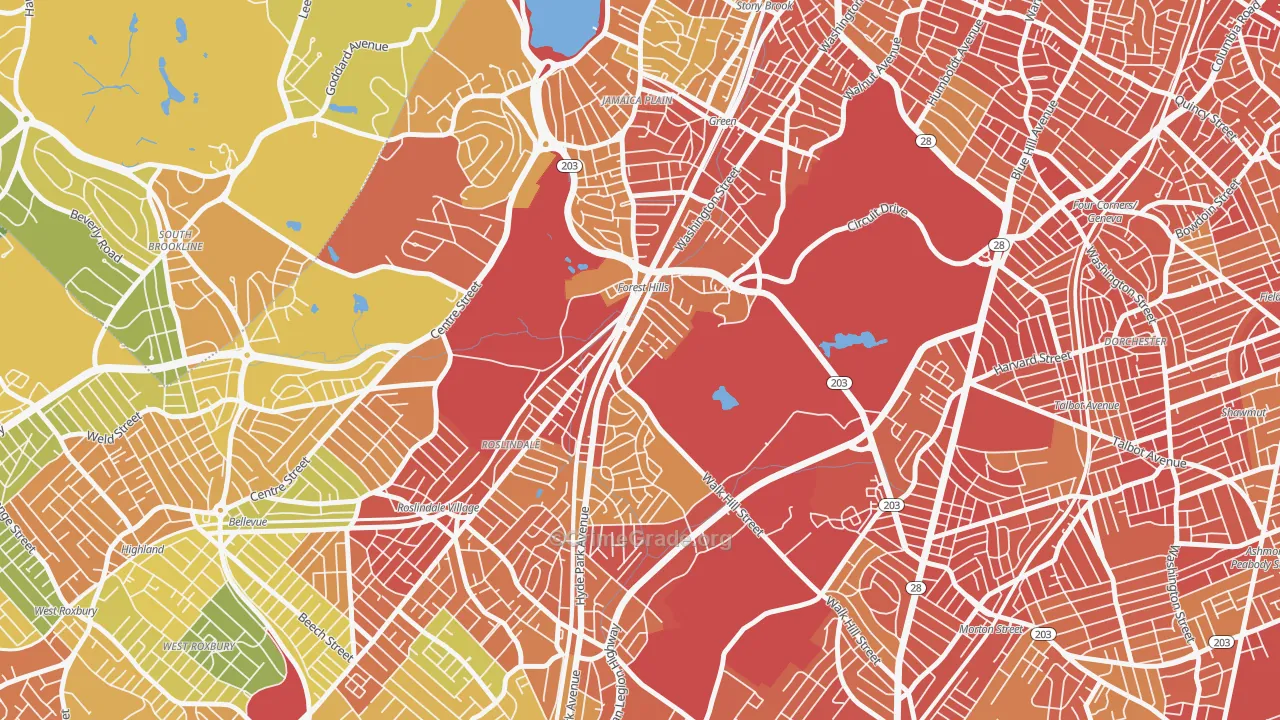 Forest Hills, Jamaica Plain, MA Map of Robbery Rates
