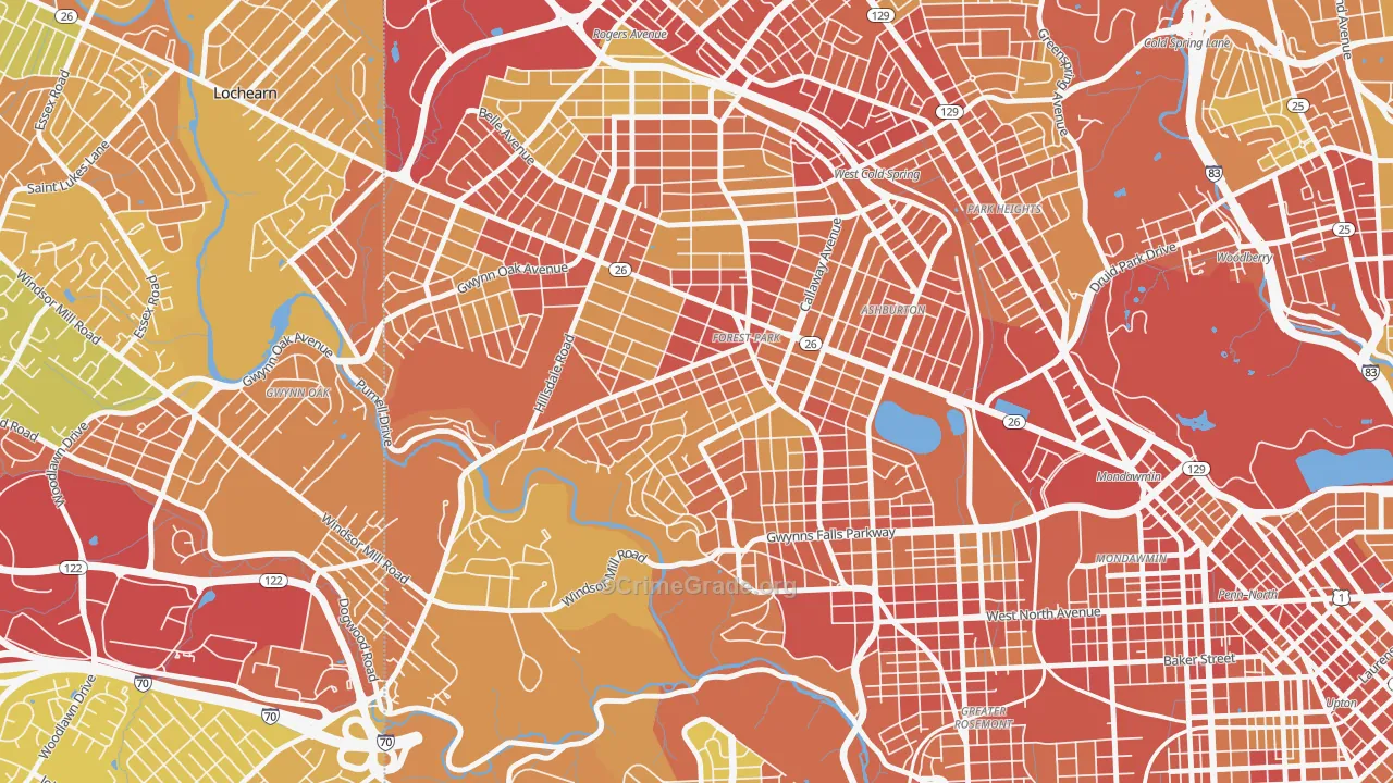 Forest Park, Baltimore, MD Map of Robbery Rates