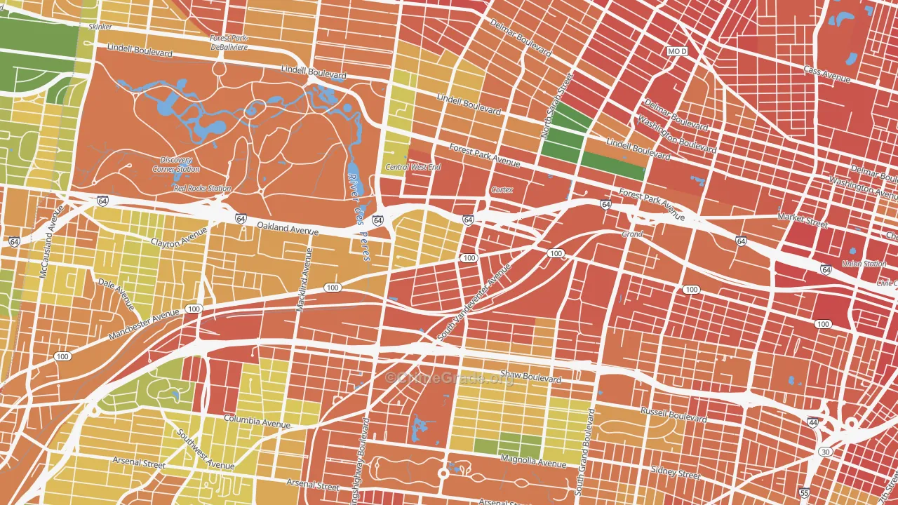 Forest Park Southeast, St. Louis, MO Map of Robbery Rates