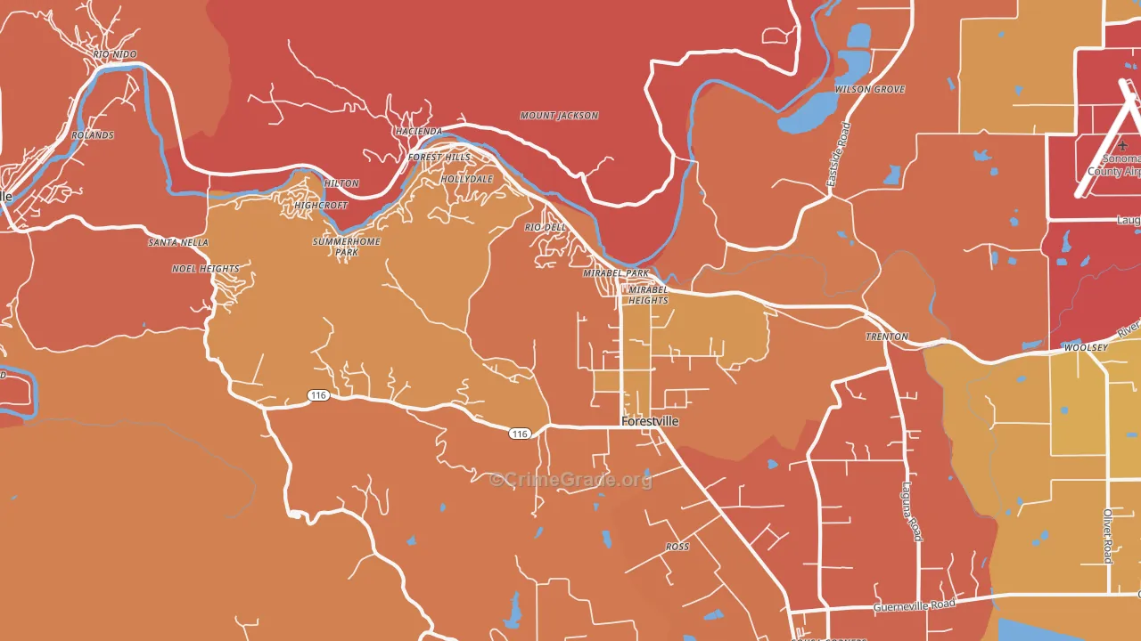 Forestville, CA Map of Robbery Rates