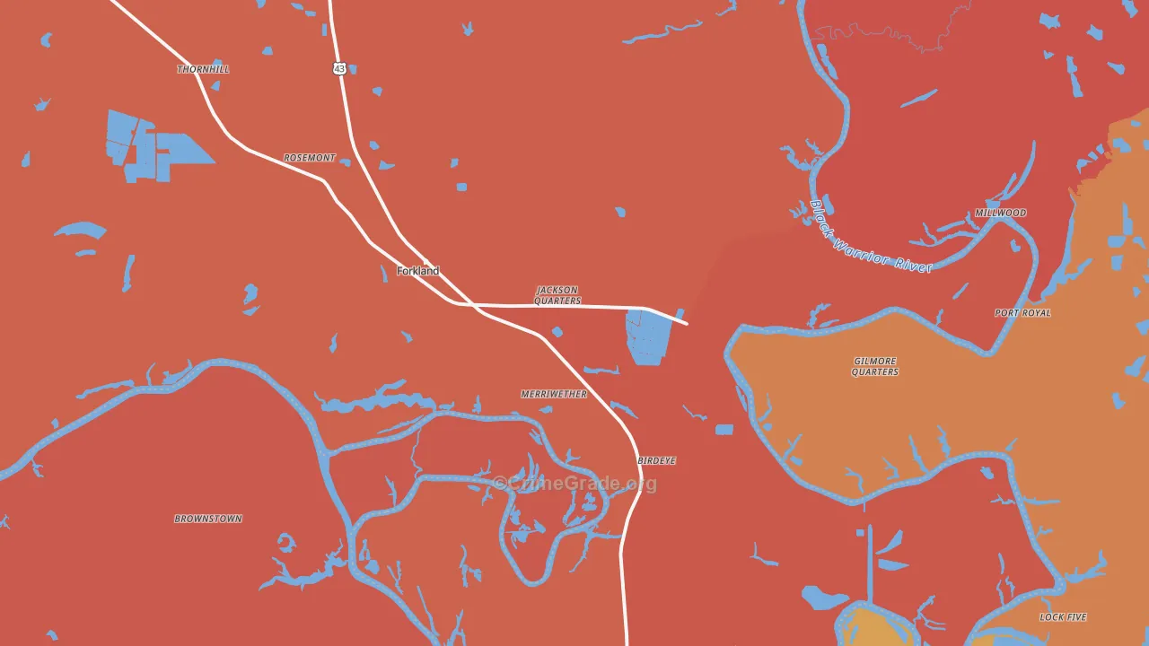 Forkland, AL Map of Robbery Rates