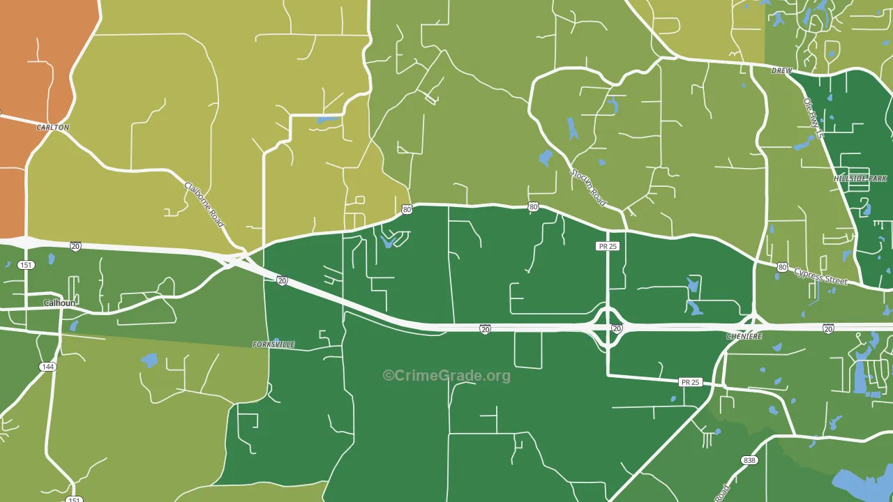 Forksville, LA Map of Robbery Rates