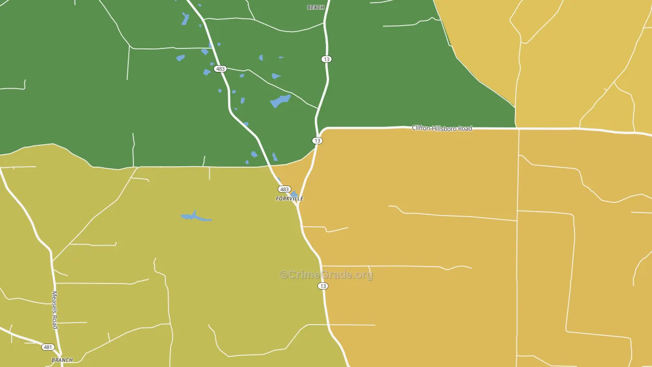 Forkville, MS Map of Robbery Rates