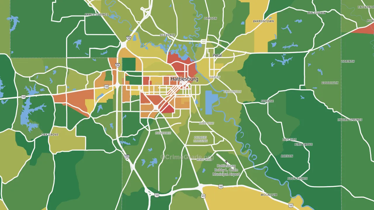 Forrest County, MS Map of Robbery Rates