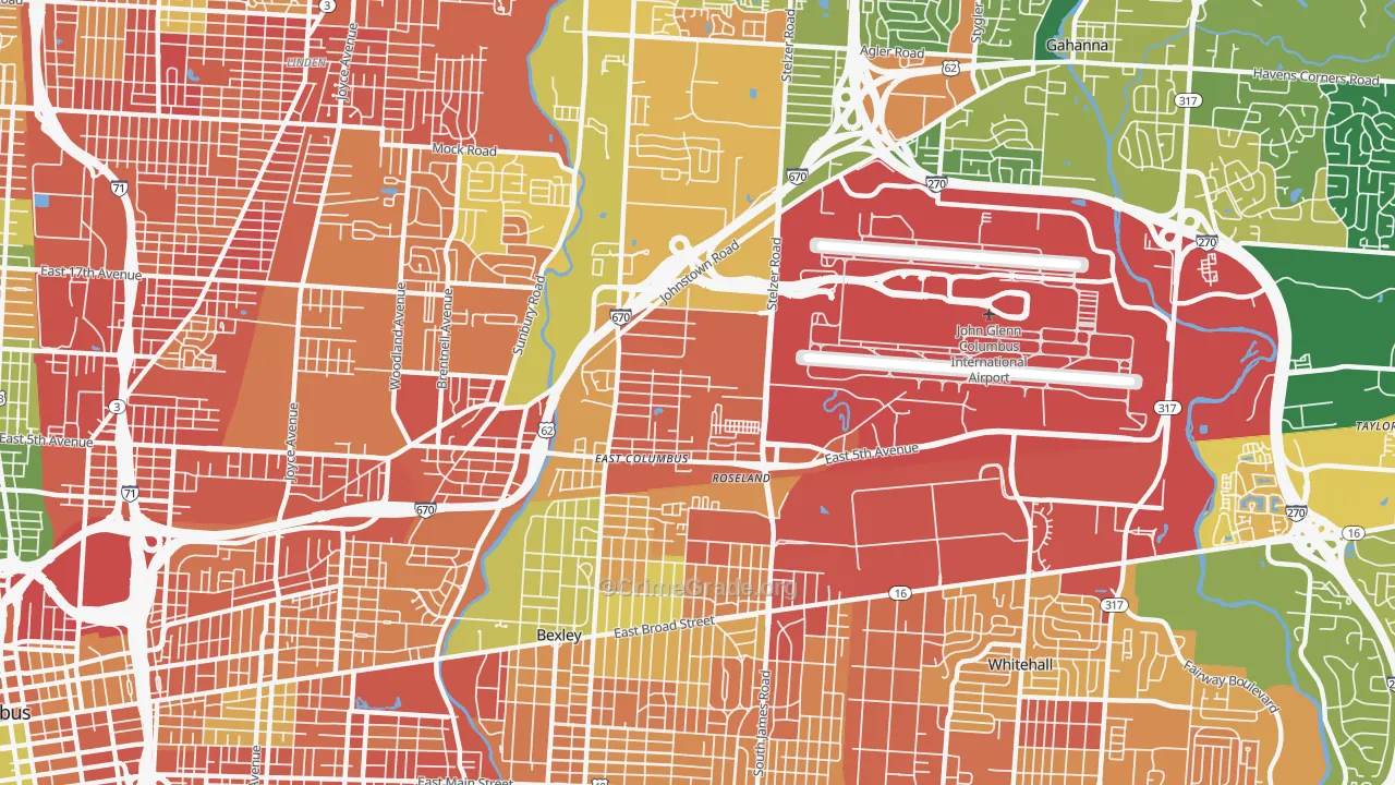 Fort Columbus Airport, Columbus, OH Map of Robbery Rates