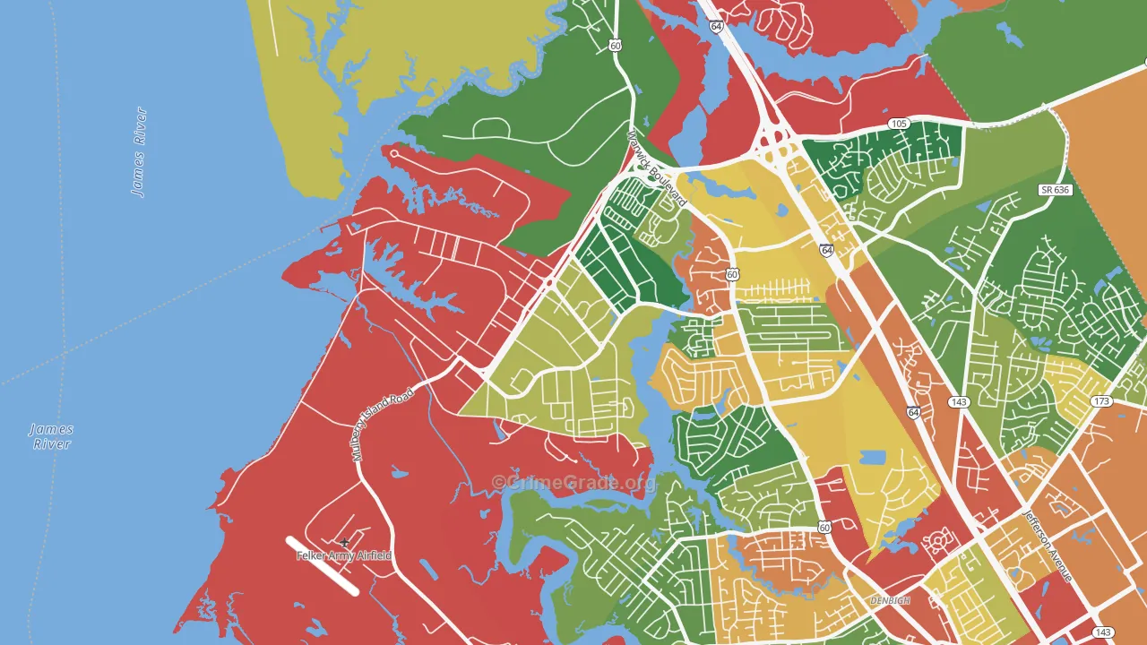 Fort Eustis, VA Map of Robbery Rates