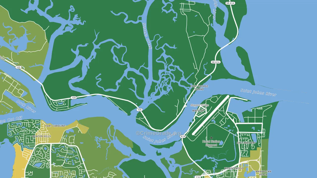 Fort George Island, FL Map of Robbery Rates