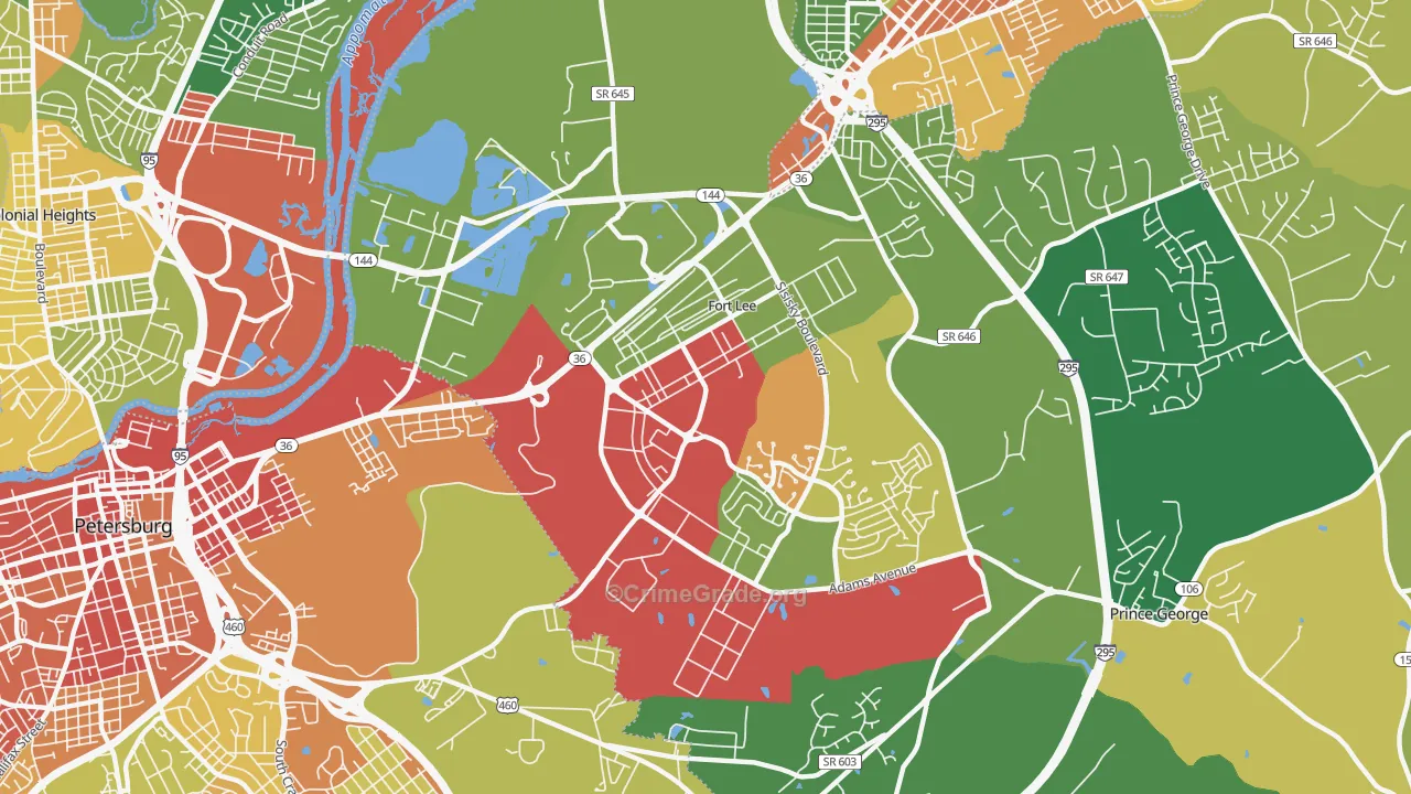 Fort Lee, VA Map of Robbery Rates