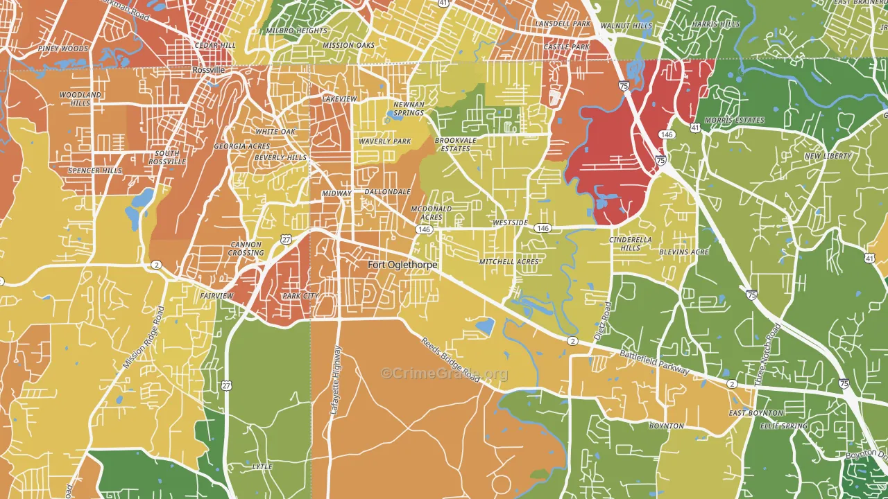 Fort Oglethorpe, GA Map of Robbery Rates