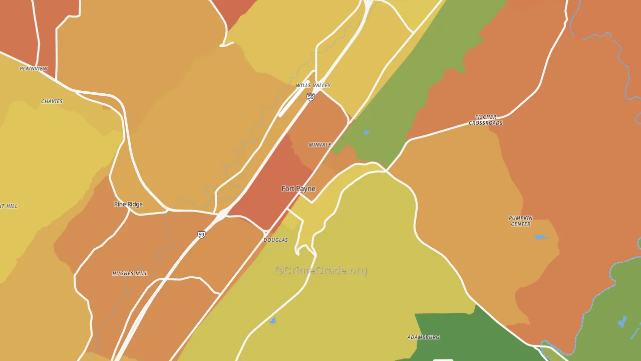 Fort Payne, AL Map of Robbery Rates