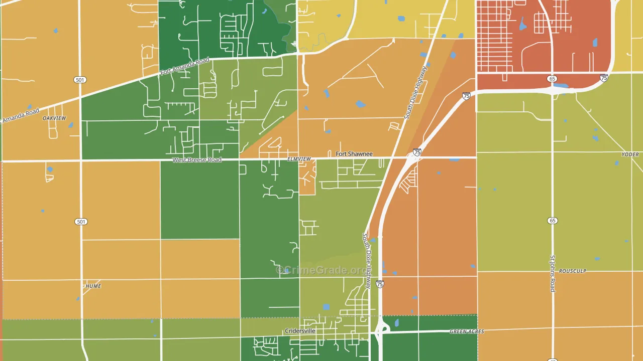Fort Shawnee, OH Map of Robbery Rates