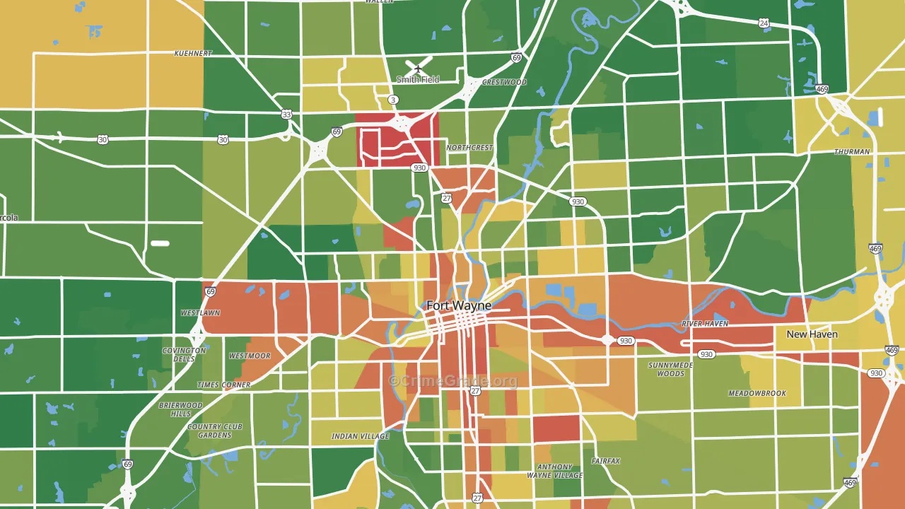 Fort Wayne, IN Map of Robbery Rates
