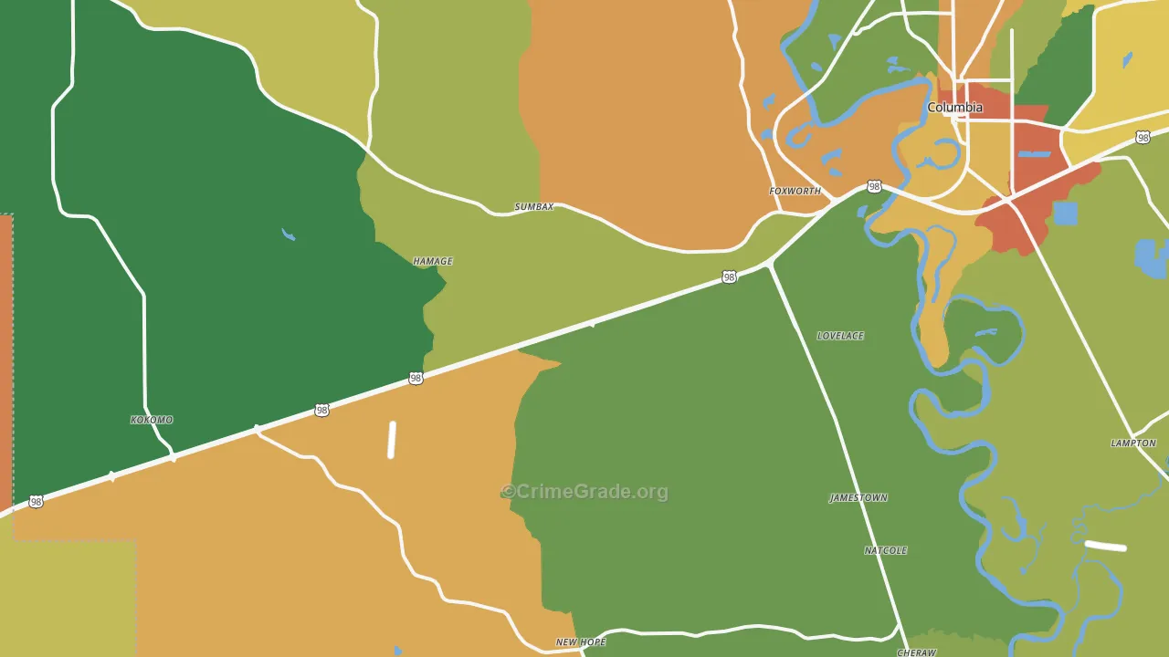 Foxworth, MS Map of Robbery Rates