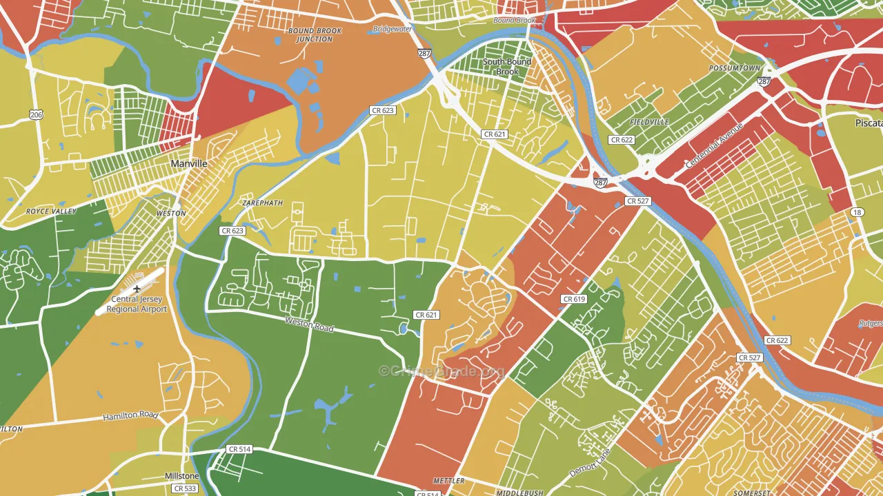 Franklin Center, NJ Map of Robbery Rates