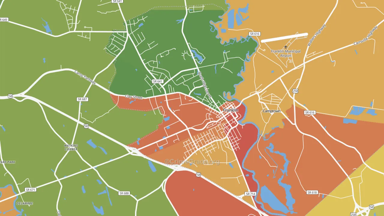 Franklin City, VA Map of Robbery Rates