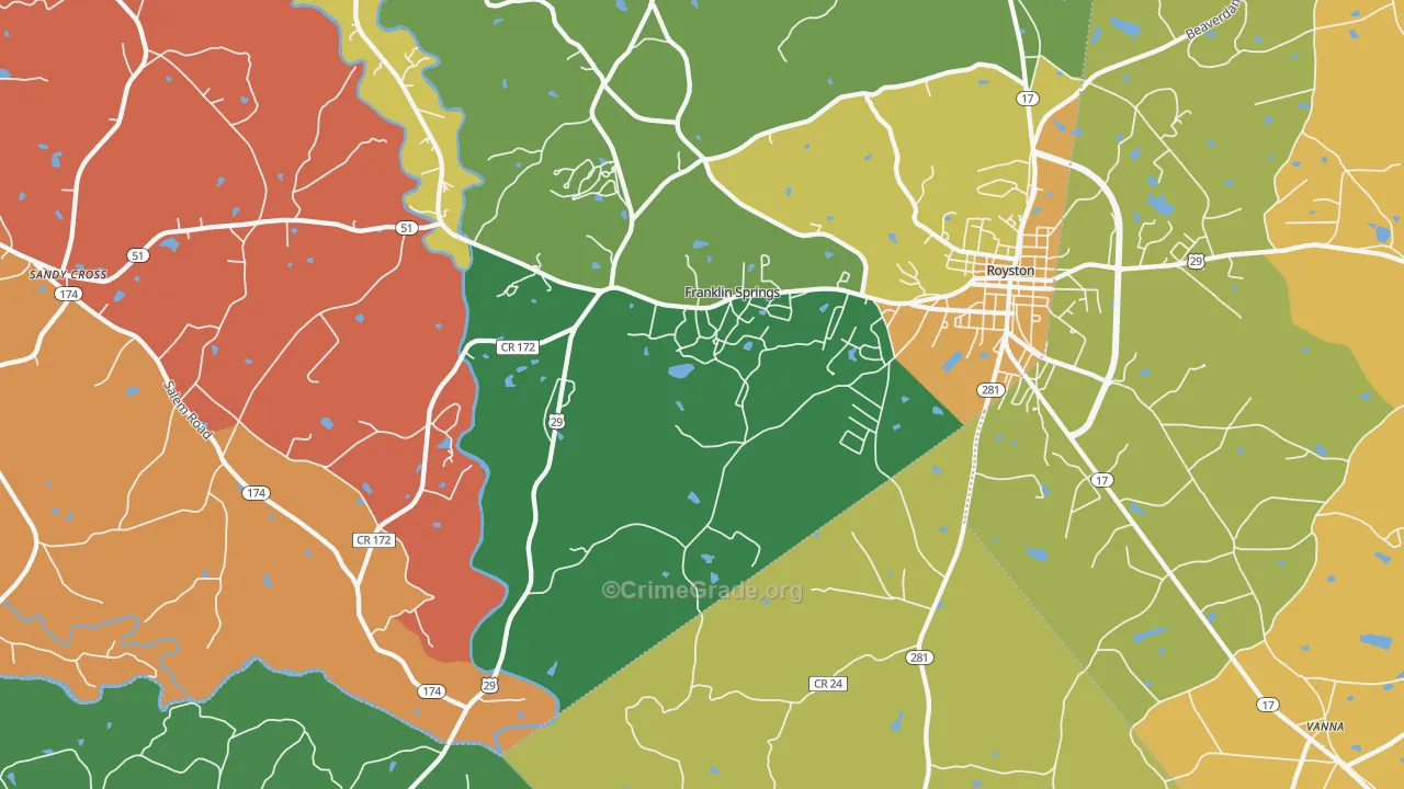 Franklin Springs, GA Map of Robbery Rates