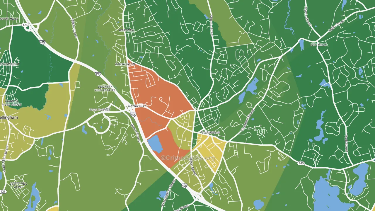Franklin Town, MA Map of Robbery Rates
