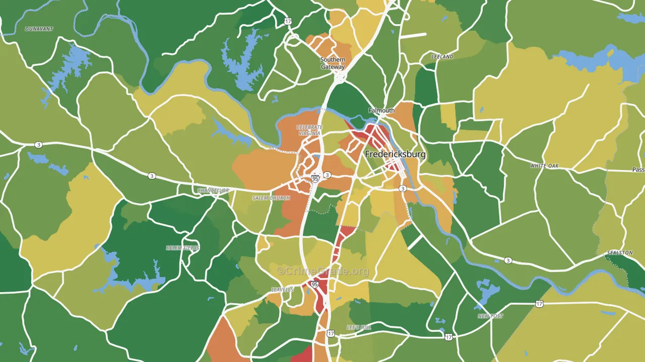 Fredericksburg, VA Map of Robbery Rates