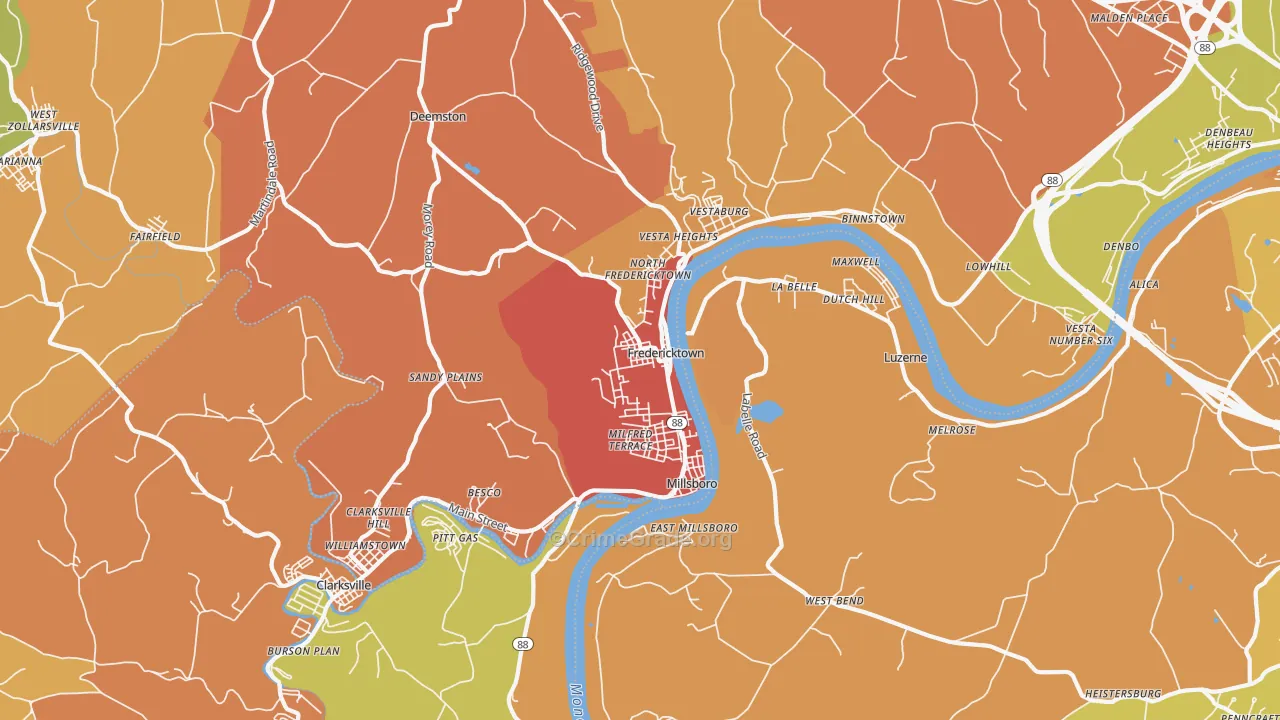 Fredericktown, PA Map of Robbery Rates