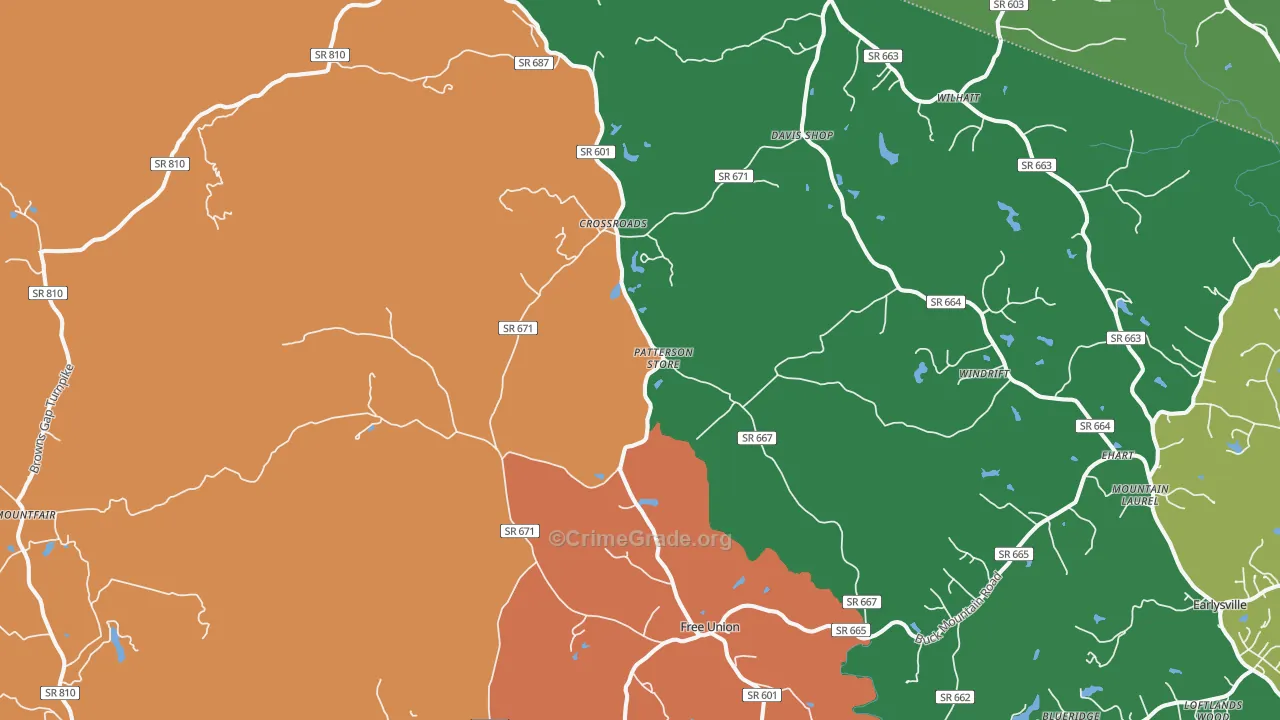 Free Union, VA Map of Robbery Rates
