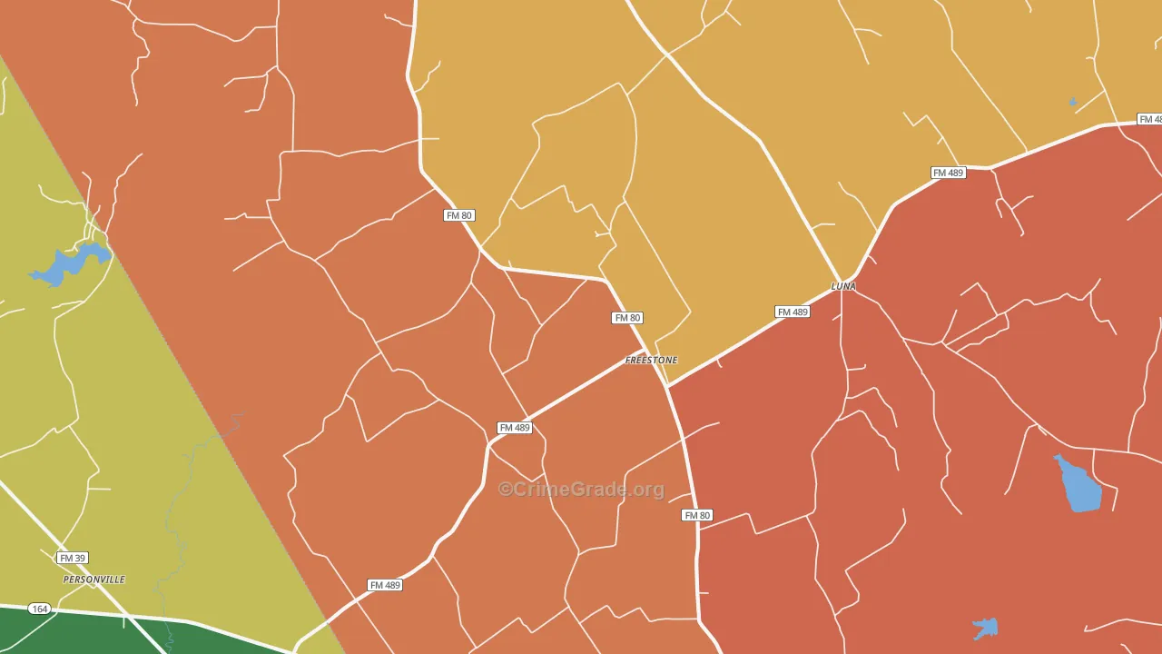 Freestone, TX Map of Robbery Rates