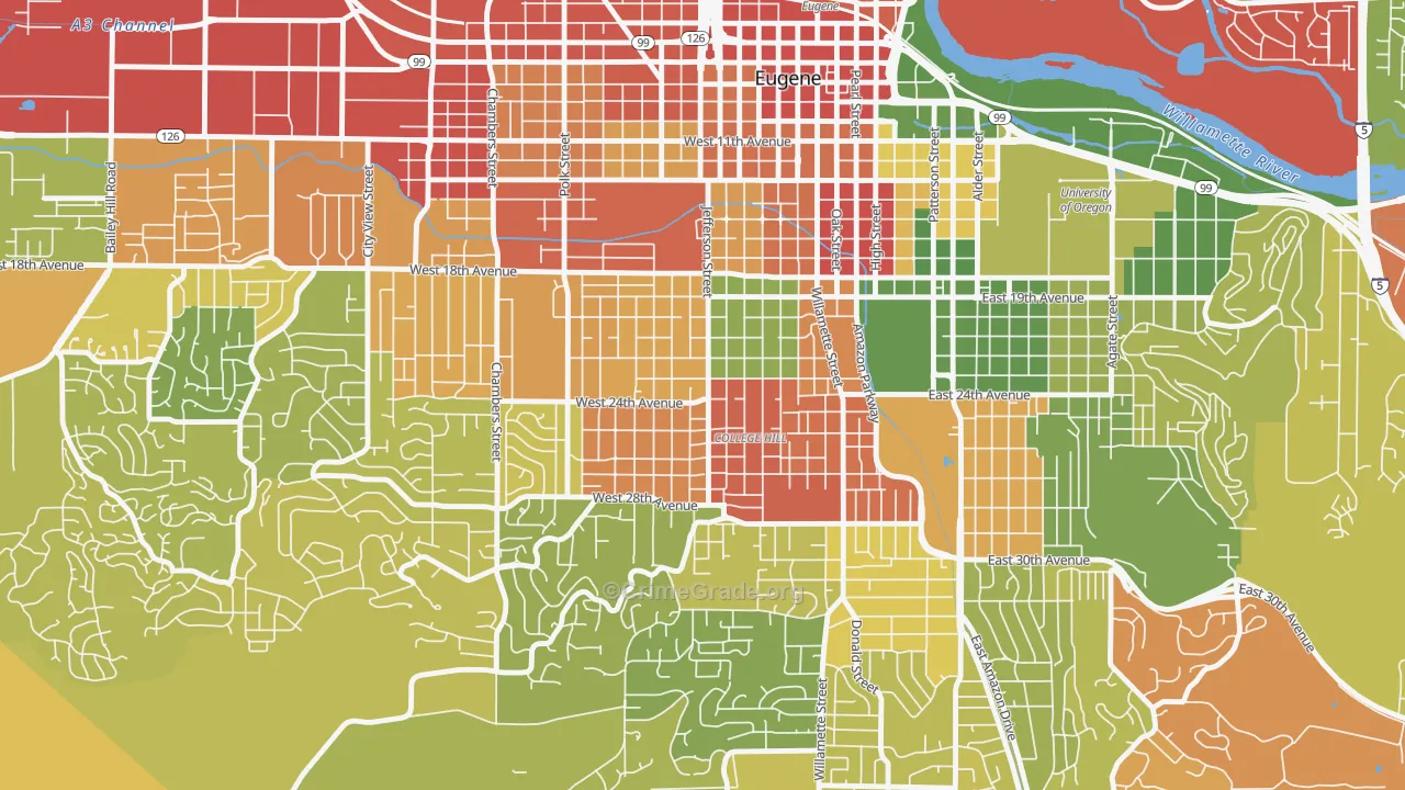 Friendly, Eugene, OR Map of Robbery Rates