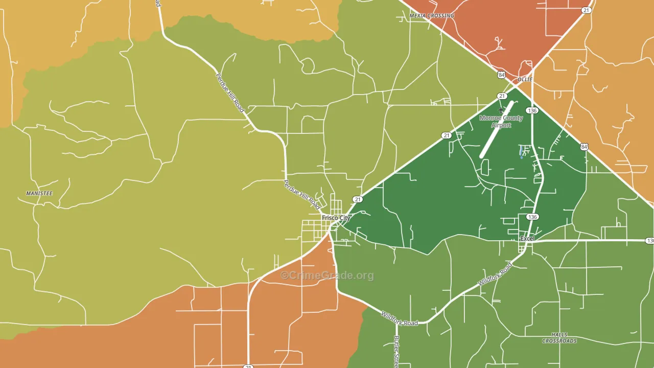 Frisco City, AL Map of Robbery Rates