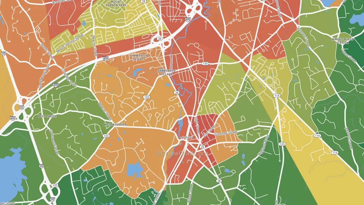 Frye Circle, Andover, MA Map of Robbery Rates