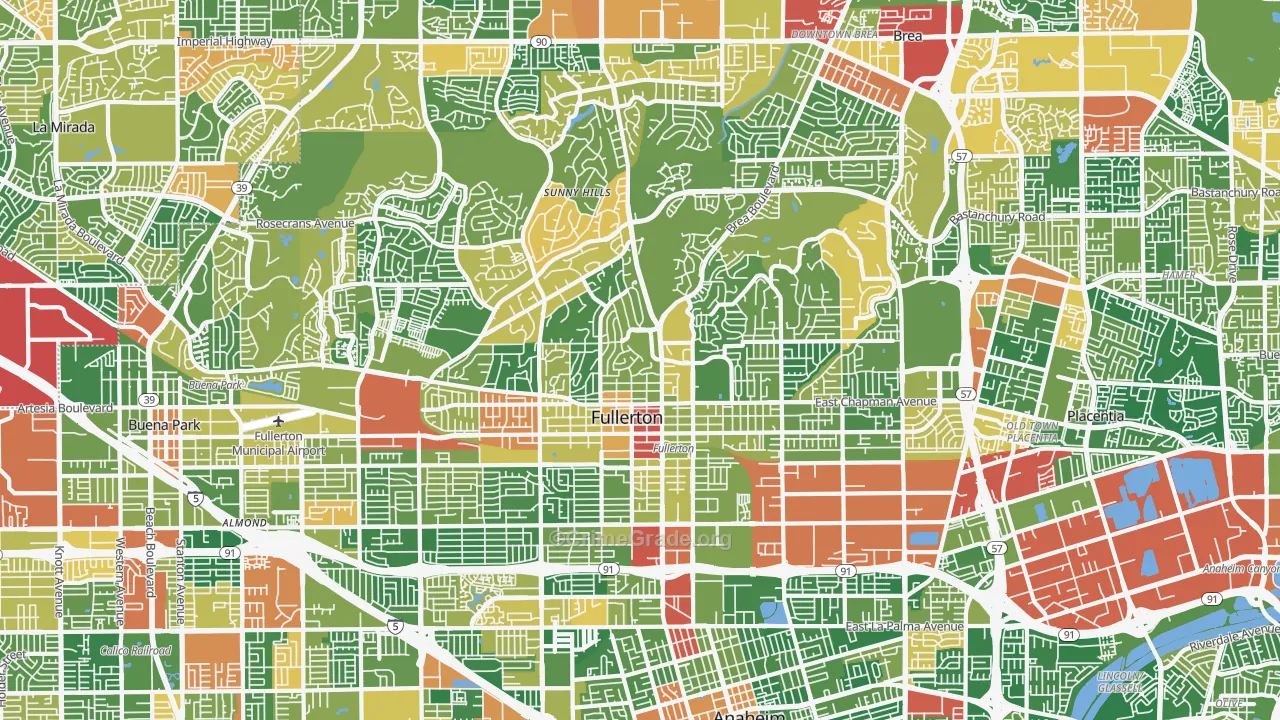 Fullerton, CA Map of Robbery Rates