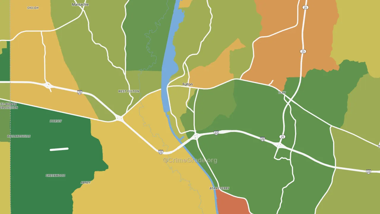 Fulton, MS Map of Robbery Rates