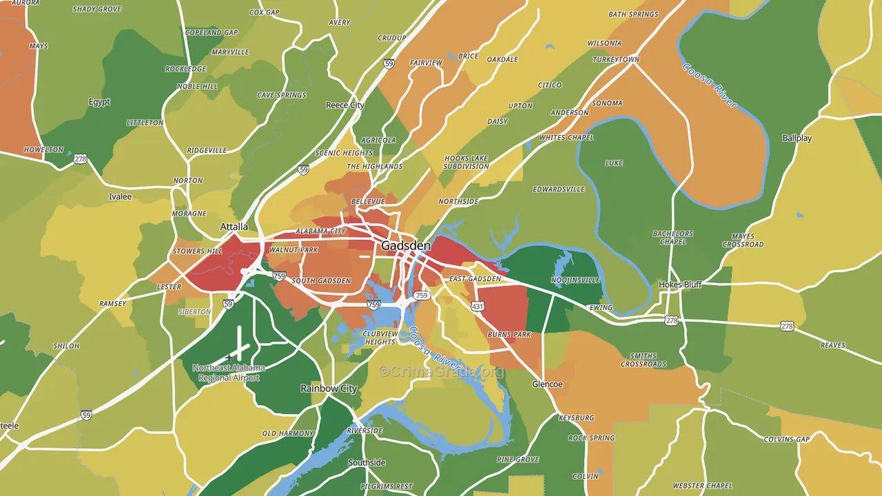 Gadsden, AL Map of Robbery Rates