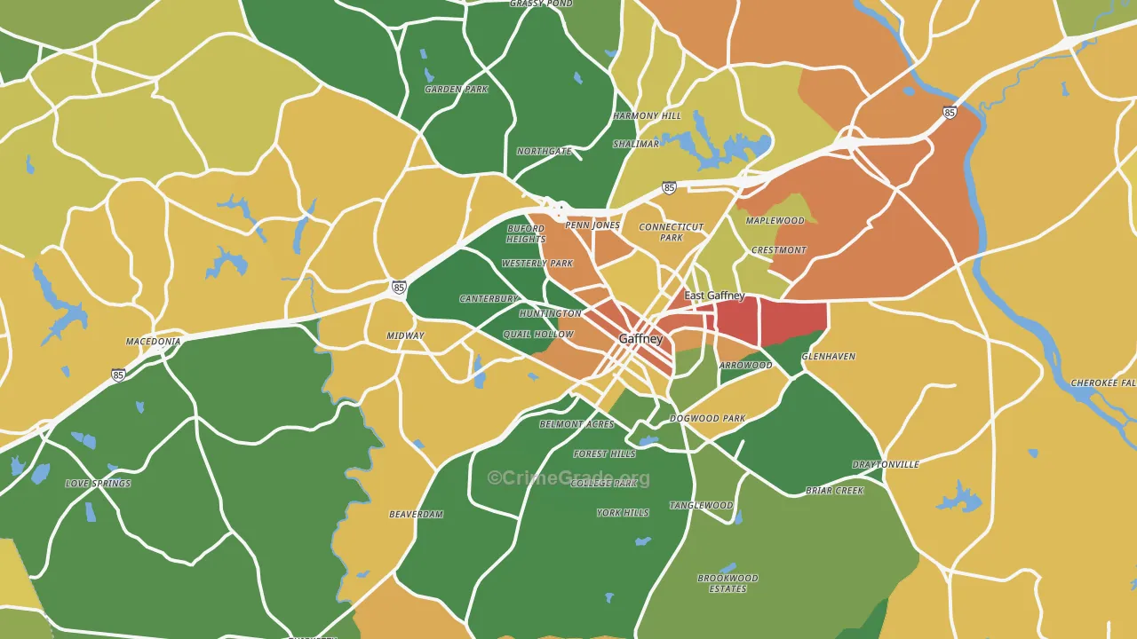 Gaffney, SC Map of Robbery Rates
