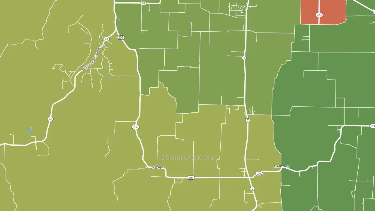 Gaither, AR Map of Robbery Rates